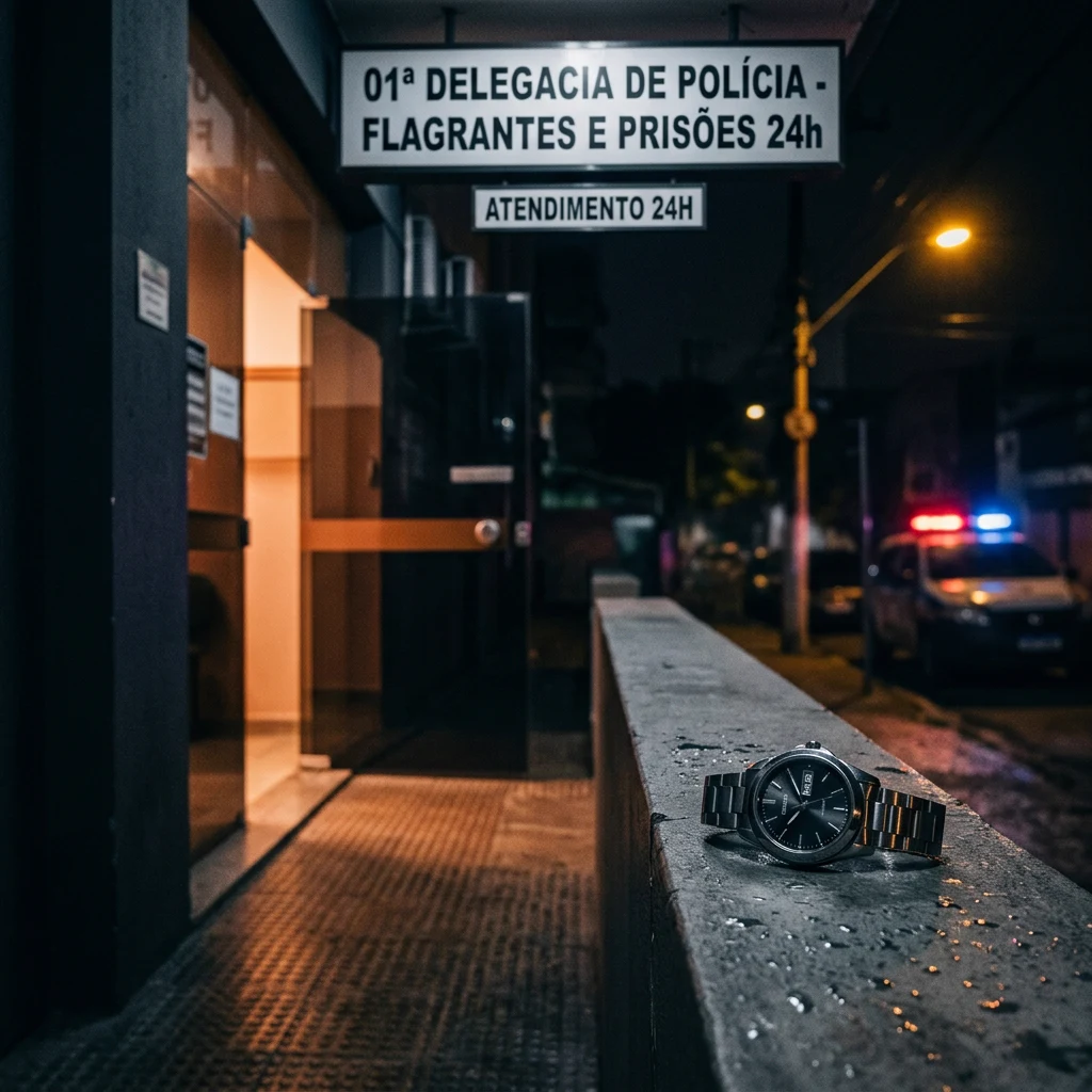 Entrada de delegacia à noite com placa de atendimento 24h para flagrantes e prisões